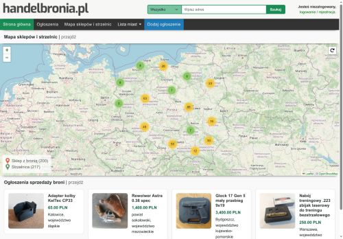 Platforma handlu bronią palną, ogłoszenia, mapa strzelnic i sklepów